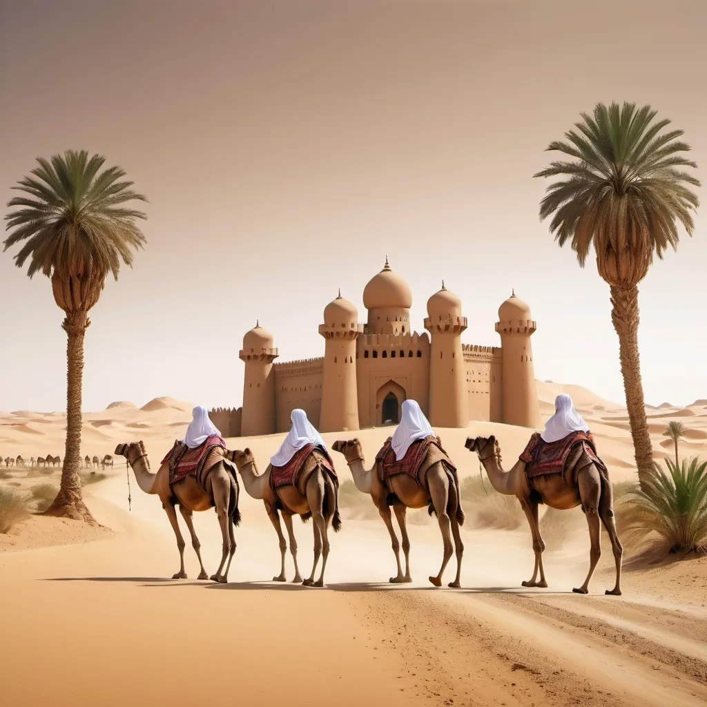 Prompt: camel caravan with back of fat and obese woman and arabian desert castle in wide desert landscape, mud brick walls, mud towers, baths, palm trees