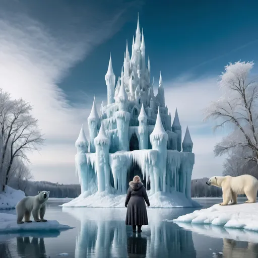 Prompt: fairytale ice castle in winter landscape, small very fat woman in the foreground, mighty icicles, polar bears, crystal lake