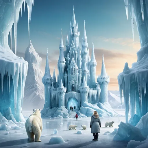 Prompt: fairytale ice castle in winter landscape, small very fat woman in the foreground, mighty icicles, polar bears, crystal lake, ice bear family, 
lots of ice crystals, glittering windows, shiny ice towers