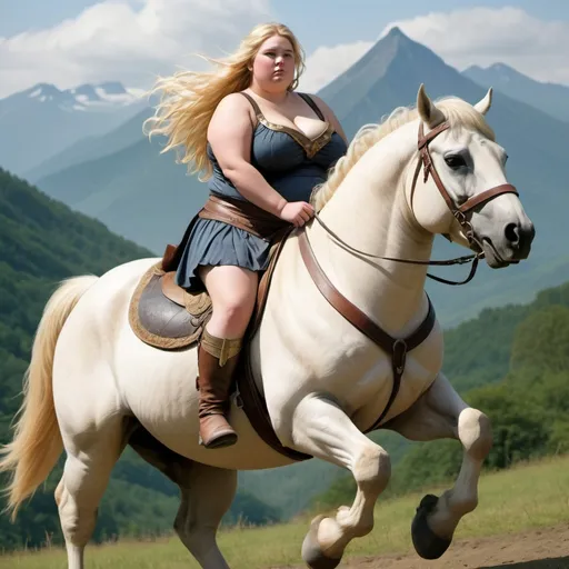 Prompt: very chubby, extremely fat and very morbidly obese young pretty mythical proud blonde valkyrie amazon riding on a horse, huge double chin, enormous big belly, fat cheeks, fat arms, fat neck, chubby all over, much fatter, at a gallop in mythical landscape, even much obesier, heavier, extremely morbidly obese, other valkyries in background, bigger belly, fatter arms, fatter all over, rounder, even much fatter
