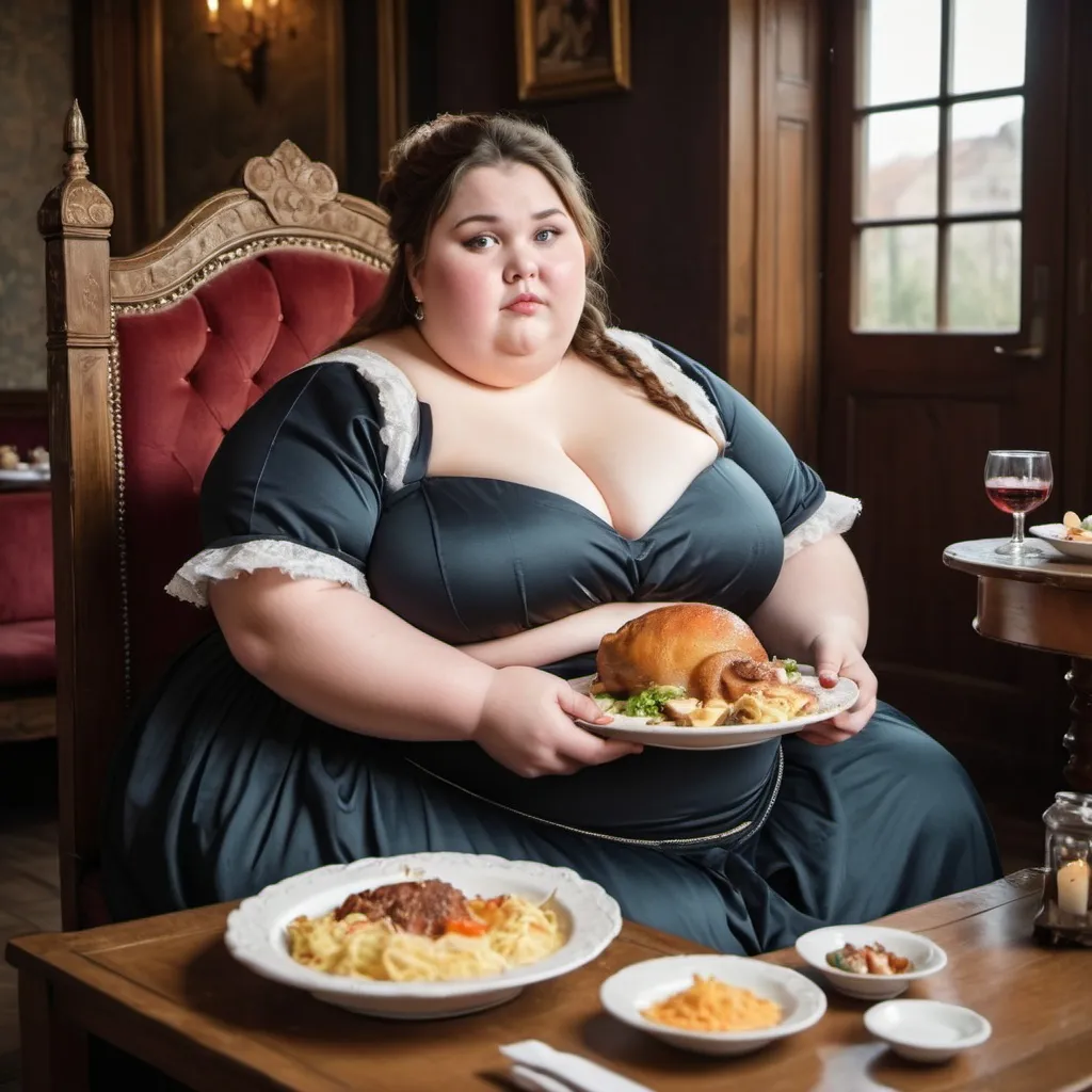 Prompt: very chubby and extremely fat and obese young ambitious elegant wife in little castle, sitting down and eating a big meal, fine ancient dressed