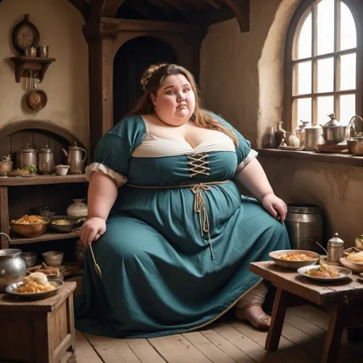 Prompt: very chubby and extremely fat and obese young ambitious elegant wife in little castle, sitting down and eating a big meal, fine ancient dressed, slim servants and fisherman around her