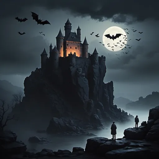 Prompt: gloomy little castle on dark rock, gloomy atmosphere, nightfall, people and animals, bats, birds, men