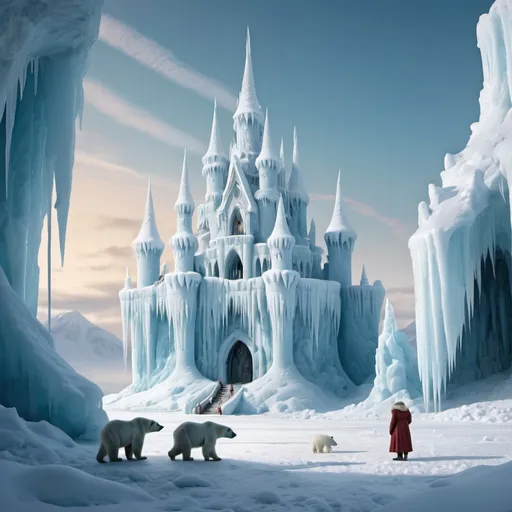 Prompt: fairytale ice castle in winter landscape, small fat woman in the foreground, mighty icicles, polar bears
