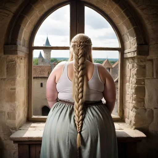 Prompt: back of a very chubby, extremely fat and very morbidly obese young blonde woman with extremely long braids out of the open window of a medieval tower's room