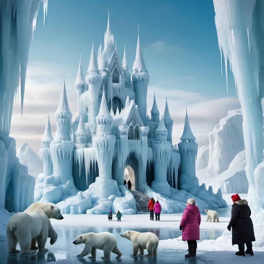 Prompt: fairytale ice castle in winter landscape, small very fat woman in the foreground, mighty icicles, polar bears, crystal lake, ice bear family, 
lots of ice crystals, glittering windows, shiny ice towers