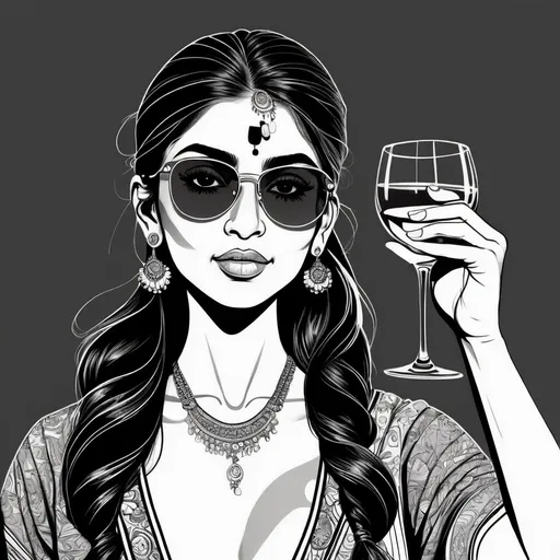 Prompt: Black and white line art headshot portrait of an Indian girl with one ponytail in the style of a comic. She is wearing sunglasses and holding a glass of wine.