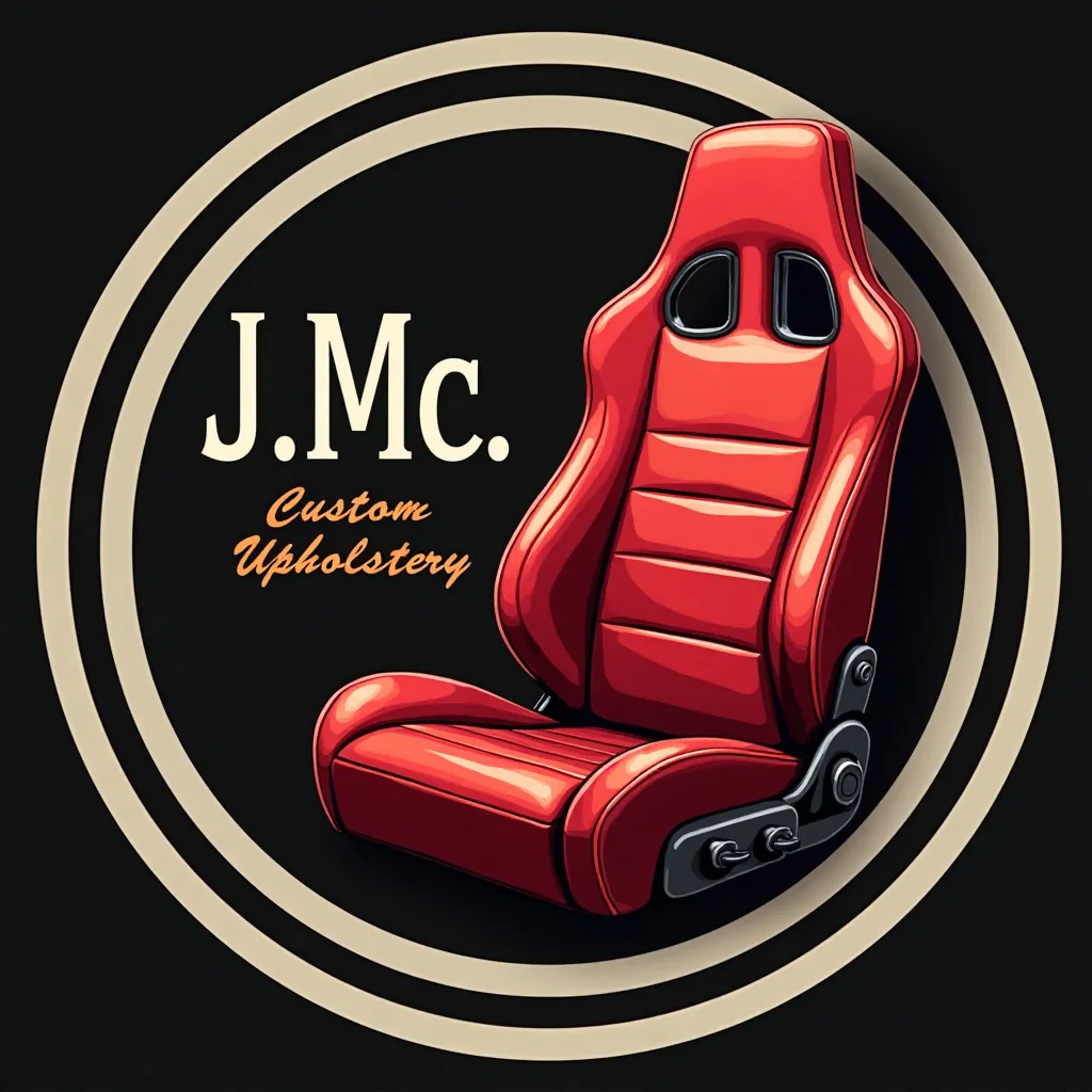 Prompt: a logo for a automotive and interior repair company, j m c custom upholstery ,with a red race seat in the background of the logo, arts and crafts movement, logo, a digital rendering