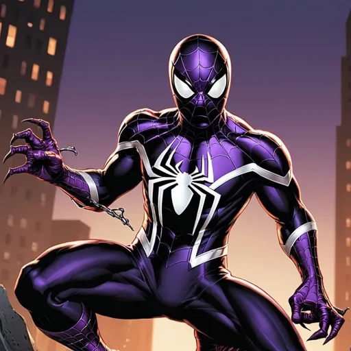 Prompt: spider-man in a deep purple and black suit. fighting hobgoblin