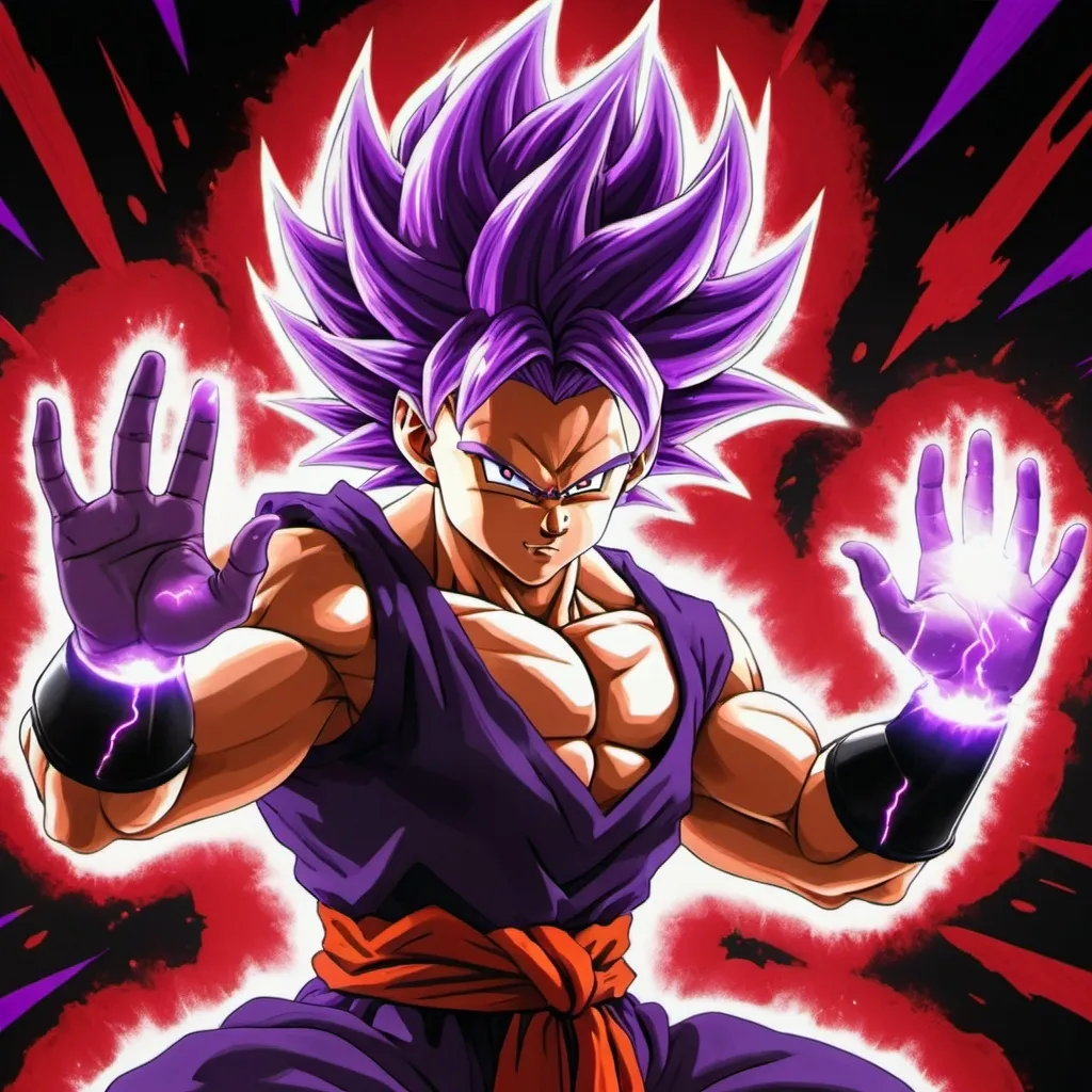 Prompt: Super saiyan with purple hair, purple hair on arms with red accents, black energy blasts coming out of hands
