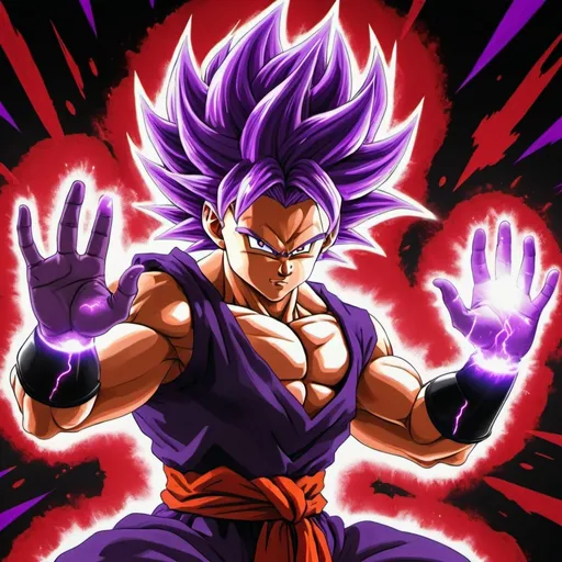 Prompt: Super saiyan with purple hair, purple hair on arms with red accents, black energy blasts coming out of hands
