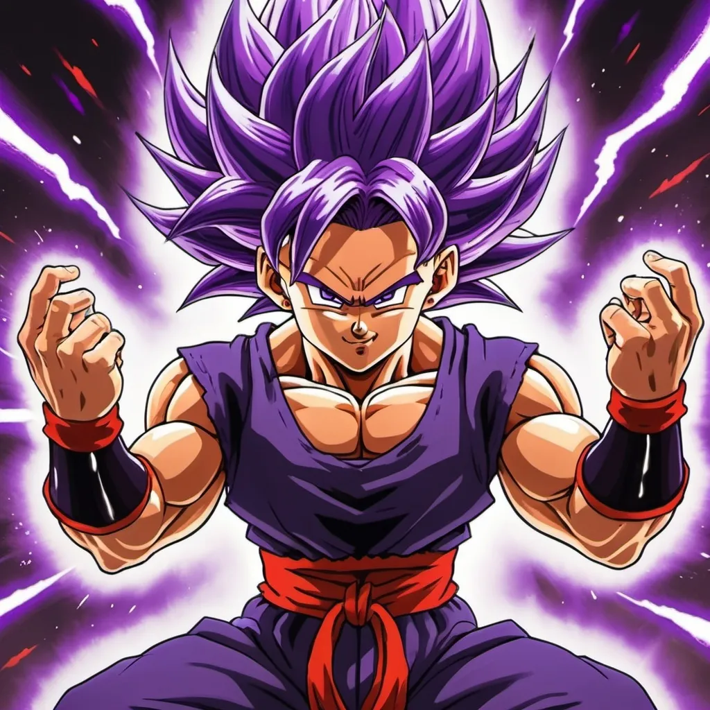 Prompt: Super saiyan with purple hair, purple hair on arms with red accents, black energy blasts coming out of hands
