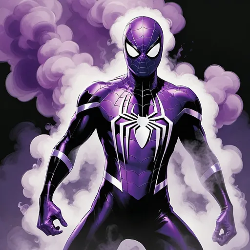 Prompt: spider-man in a deep purple and black suit. emerging out from thick smoke
