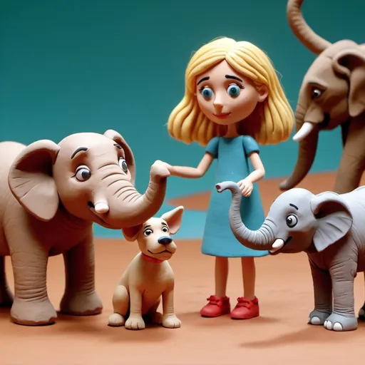 Prompt: claymation scene woman with blond hair, a dog, a little elephant, made of clay, high quality animated claymation movie