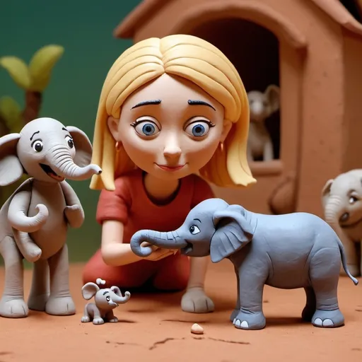 Prompt: claymation scene woman with blond hair  having a dog and a little elephant, made of clay, high quality animated claymation movie