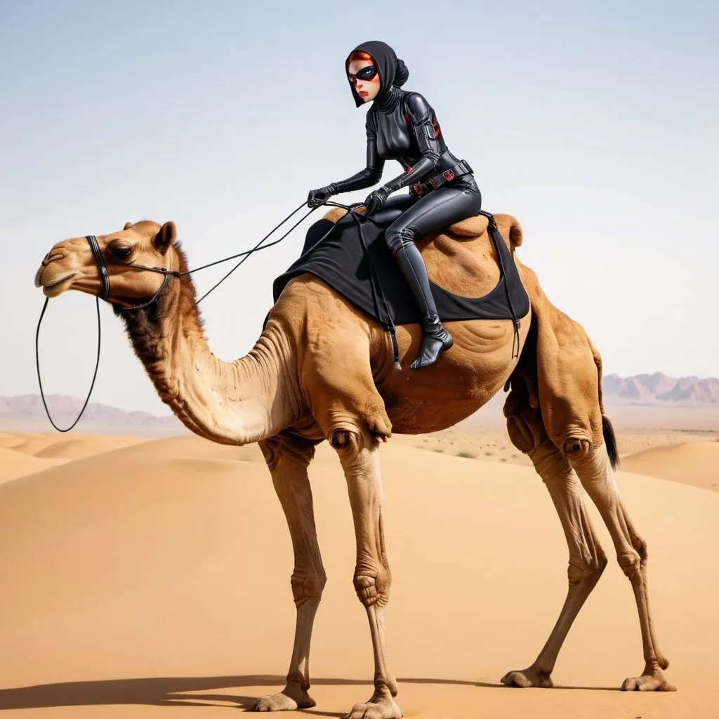 Prompt: A Black widow spider riding a camel