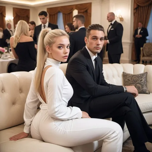 Prompt: A young ultra-white blonde woman with a ponytail in a baggy white sleeves jumpsuit. She looks at the slim man in a black suit in the grand luxury living room with many guests. They sit on the sofa. She has bulged glutes under the fabric and thick thighs. She has the strong legs.