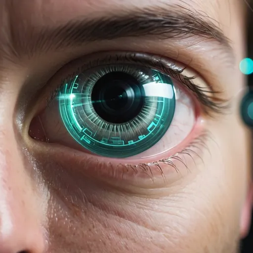 Prompt: a vision through an eye of someone wearing a very advanced Smartglass similar to jarvis
