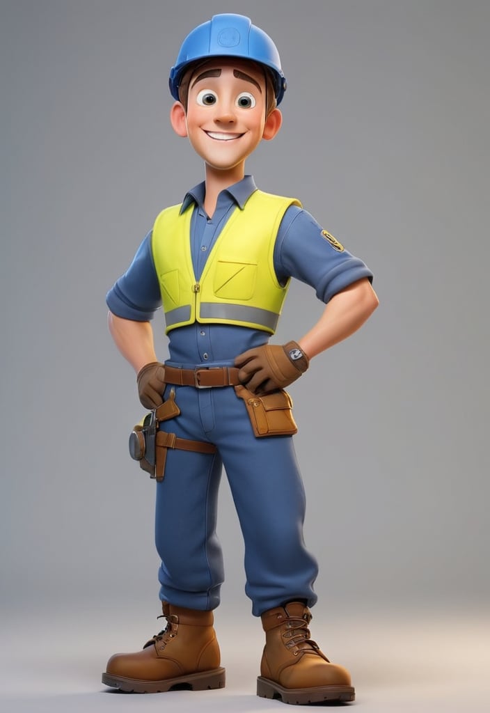 Prompt: "realistic 3D image of smiling male mechanical worker with blue uniform, wearing safety helmet and yellow vest, bring wrench!!, full body view, Disney-Pixar 3D style, foot and boots are visible, best lighting, cinematic."