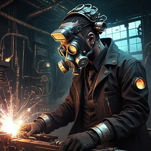 Prompt: Anime cyberpunk style, welder, top hat, gas mask, goggles, sparks flying and smoke rising, intricate machinery, dark ambiance