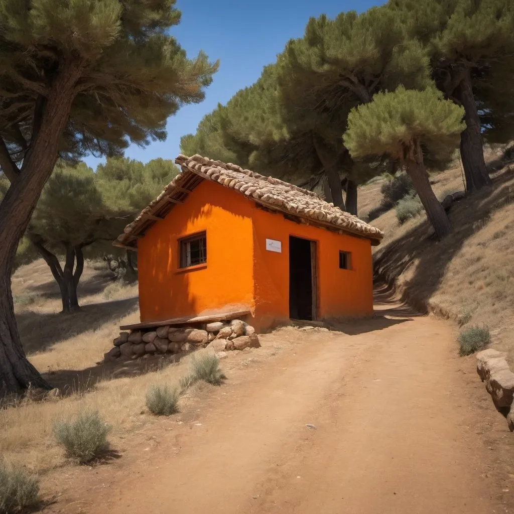 Prompt: crea un camino hacia una cabaña de adobe con teja naranja, que tenga un letrero antes entrar que diga montoro