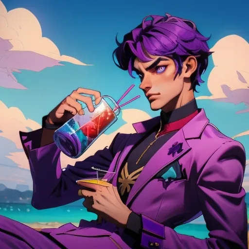 Prompt: Male Magician with purple suit, chilling in the beach, drinking cocktail, with a bag of money that says ZxO
