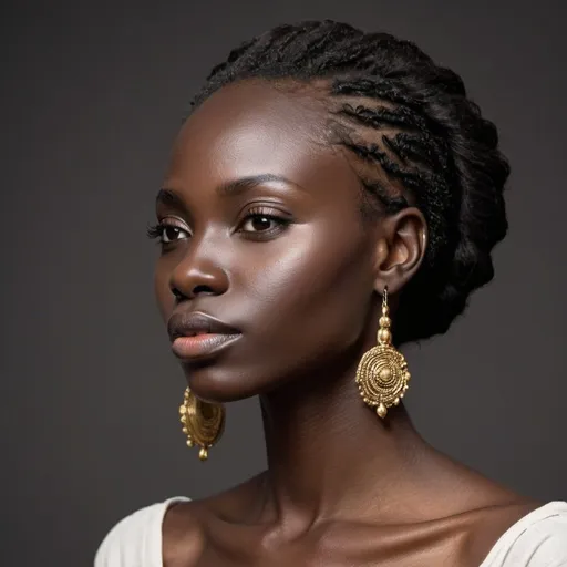 Prompt: a black senegalese model with a long neckline, regal features, side profile, face shot, no jewelry, 