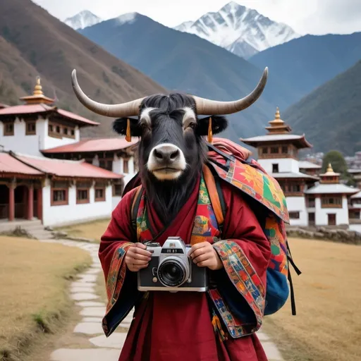 Prompt: A yak, which wears red lipstick, carries a camera, wears a backpack and is clothed in traditional Bhutanese garments. There are mountains and a Buddhist monastery in the background. Company logo style.