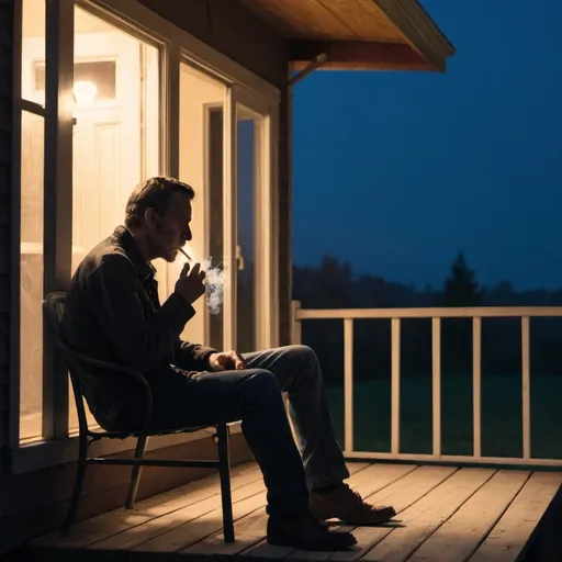 Prompt: a man smoking a cigarette on a porch next to a house with a light on it's side, ESAO, verdadism, 150mp, a picture