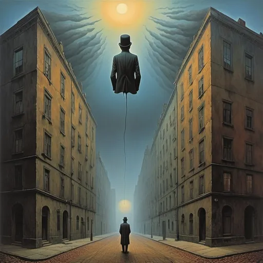 Prompt: Channel the eerie surrealism of René Magritte and the haunting dystopian landscapes of Zdzisław Beksiński. Craft a scene where Magritte's signature bowler-hatted figures wander through Beksiński's nightmarish cityscapes. Buildings twist and contort like melting wax, while distorted figures writhe in agony or ecstasy against a backdrop of shifting colors and surreal geometry. Embrace the paradoxical nature of Magritte's work, where the ordinary becomes extraordinary, and infuse it with Beksiński's dark, foreboding atmosphere, laden with symbolism and mystery.





