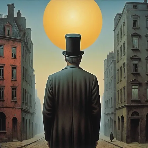 Prompt: Channel the eerie surrealism of René Magritte and the haunting dystopian landscapes of Zdzisław Beksiński. Craft a scene where Magritte's signature bowler-hatted figures wander through Beksiński's nightmarish cityscapes. Buildings twist and contort like melting wax, while distorted figures writhe in agony or ecstasy against a backdrop of shifting colors and surreal geometry. Embrace the paradoxical nature of Magritte's work, where the ordinary becomes extraordinary, and infuse it with Beksiński's dark, foreboding atmosphere, laden with symbolism and mystery.





