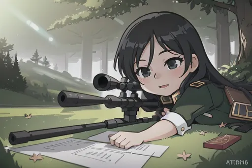 Prompt: Cute girl laying on ground, wearing camoprint military outfit, concentrated, expressive, aiming with scope on ground mounted black .50 Calibre Sniper rifle at viewer, not staring at viewer,  vibrant, whimsical by russ mills, vibrant background, long wavy hair, scenic, cute, adorable, child, pretty, view of eye obstructed by black .50 Calibre Sniper rifle, 8k resolution by toby fox, Artgerm, Alphonse Mucha dynamic lighting hyperdetailed intricately detailed, nature setting, colorful, pastel colors Unreal Engine 5 volumetric lighting, pastel, high resolution, ambient light, Nikon 15mm f/1.8G, by Lee Jeffries, Alessio Albi, Adrian Kuipers, glamour, intricate and detailed environment, Masterpiece, Royo, ornate, depth