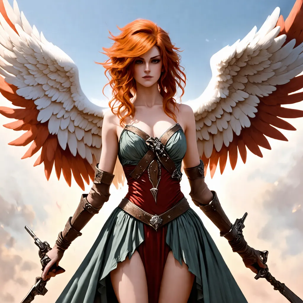 Prompt: Goddes Atabey dress for war, redhead, angel wings, rough looking