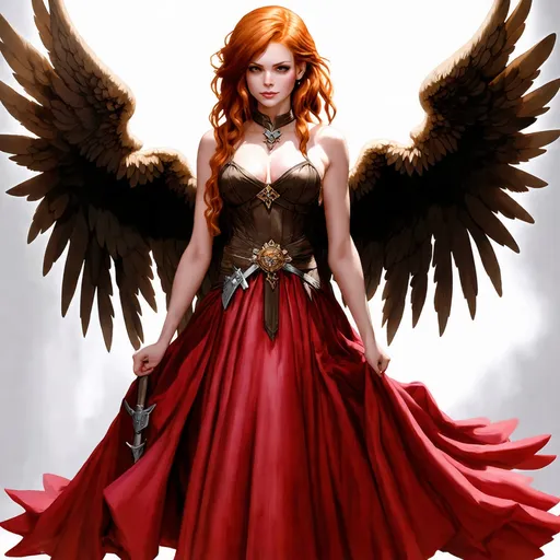 Prompt: Goddes Atabey dress for war, redhead, angel wings, rough looking