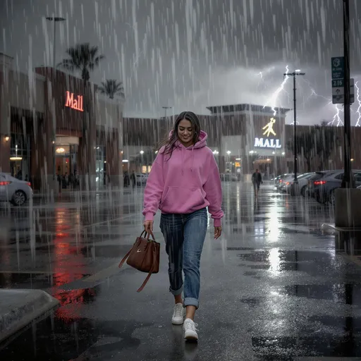 Prompt: a younger mid 20's woman walking out of the mall in the parking lot. she is wearing cropped jeans, nike shoes, and a pink hoodie. As she is walking it is pouring heavy rain during the summer monsoon in Scottsdale, Arizona. big flashed of lightning appearing in the distance of her background. rain drops has her dark brown hair dripping wet, with drips falling off her face