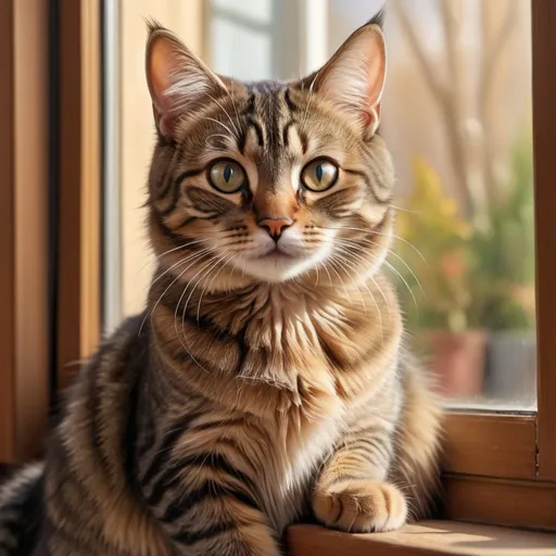 Prompt: (tabby cat named Maddie), (small and playful), light brown fur with darker stripes, large bright eyes, sitting with a curious expression, slightly tilted head, cozy indoor setting, soft light filtering through a window, vibrant yet warm colors, charming ambiance, high-quality illustration, (ultra-detailed)