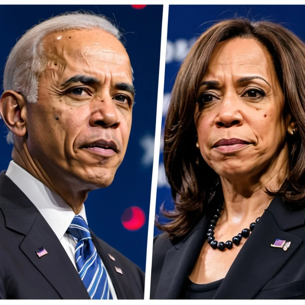 Prompt: Profile side by side of Obama, Biden, and Kamala Harris with the words Divide under Obama, Destroy is Biden, and under Harris is DEI