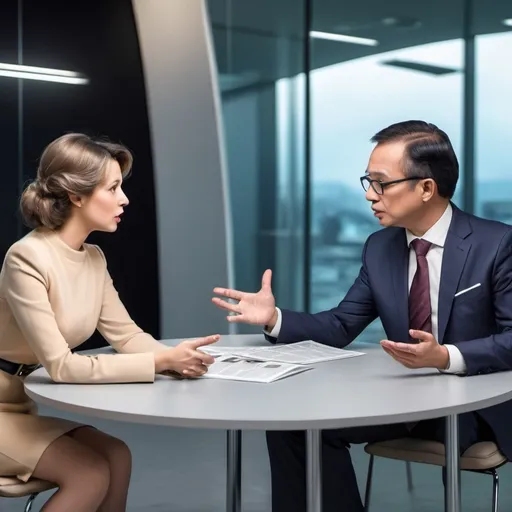 Prompt: news table discussion in between lady and man 