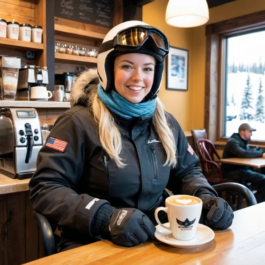 Prompt: snowmobiler in snowmobile outfit in a coffee shop