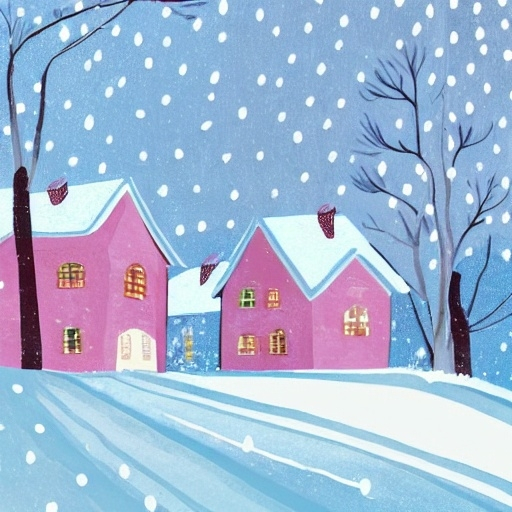 Prompt: a car driving down a snow covered road next to a house and trees with a heart on it's roof, Claire Hummel, folk art, storybook illustration, a storybook illustration