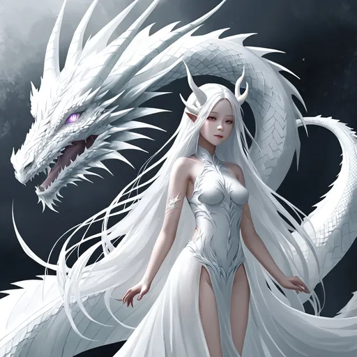 Prompt: a ethereal girl with a human body, white dragon tail, white long hair, white dragon horns