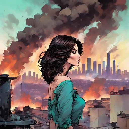 Prompt: A beautiful dark haired woman  is standing on a large patio. She looks at the Los Angeles skyline and sees a huge stack of smoke. The smoke stacks suddenly rise to a thick dark brown mess! Something new has occurred.  This is more than fire.
