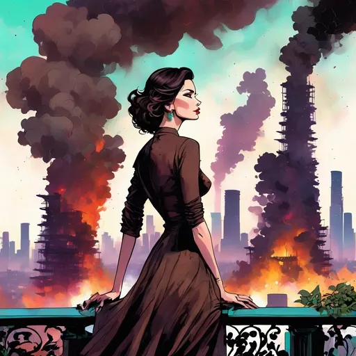 Prompt: A beautiful dark haired woman in elegant clothes  is standing on a large patio. She looks at the Los Angeles skyline and sees a huge stack of smoke. The smoke stacks suddenly rise to a thick dark brown mess! Something new has occurred.  This is more than fire.
