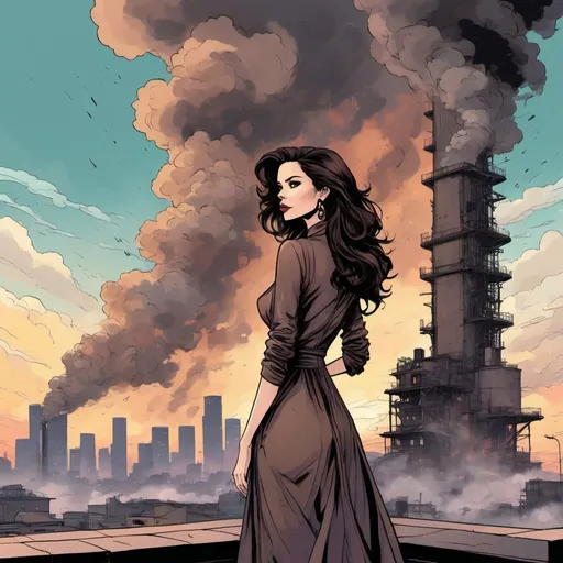 Prompt: A beautiful dark haired woman in elegant clothes  is standing on a large patio. She looks at the Los Angeles skyline and sees a huge stack of smoke. The smoke stacks suddenly rise to a thick dark brown mess! Something new has occurred.  This is more than fire. Metal shards fall from the sky!
End of world atmosphere. 