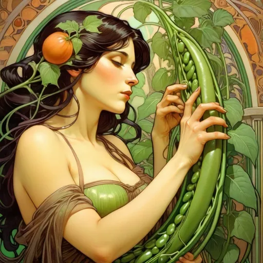 Prompt: A beautiful dark haired woman is looking at a large bean plant that is ripe.  She takes a scalpel and neatly cuts a long slit in the large and bright green bean pod.  The beans are exposed and we take one.  The bean is the size of an adult's palm.  Then we hurry back along another hallway that runs parallel to the one we came through.  They are behind us but not visible.
