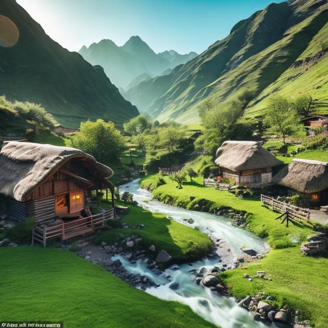 Prompt: lush green valley, soft lighting with a gushing river flowing by and snow covered peaks and a small hut with rabbits and birds