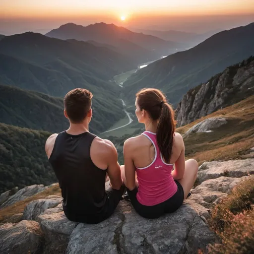 Prompt: athletic couple watching the sunset on a beautiful mountain top