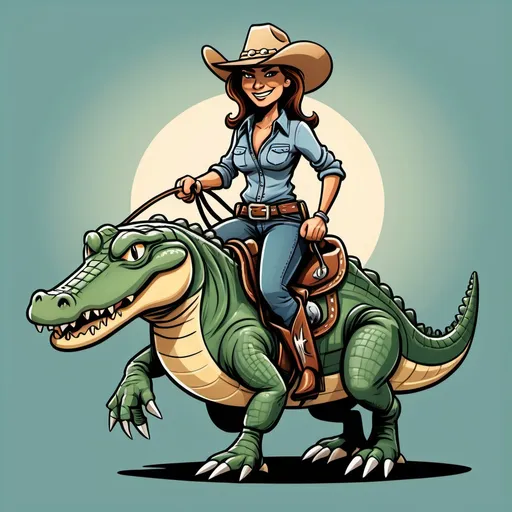 Prompt: A cartoon alligator being ridden by a human cowboy or cowgirl like a horse  maybe even holding a lasso or wearing boots, looking tough and cool with a c