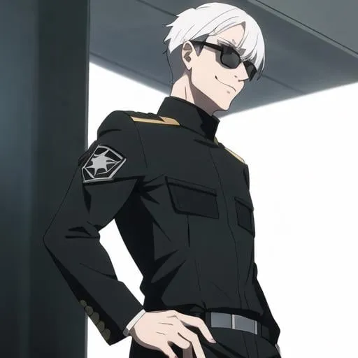 Prompt: white haired male with round black sunglasses and wearing a black tactical outfit, small smirk
