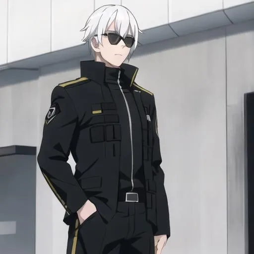 Prompt: white haired male with round black sunglasses and wearing a black tactical outfit
